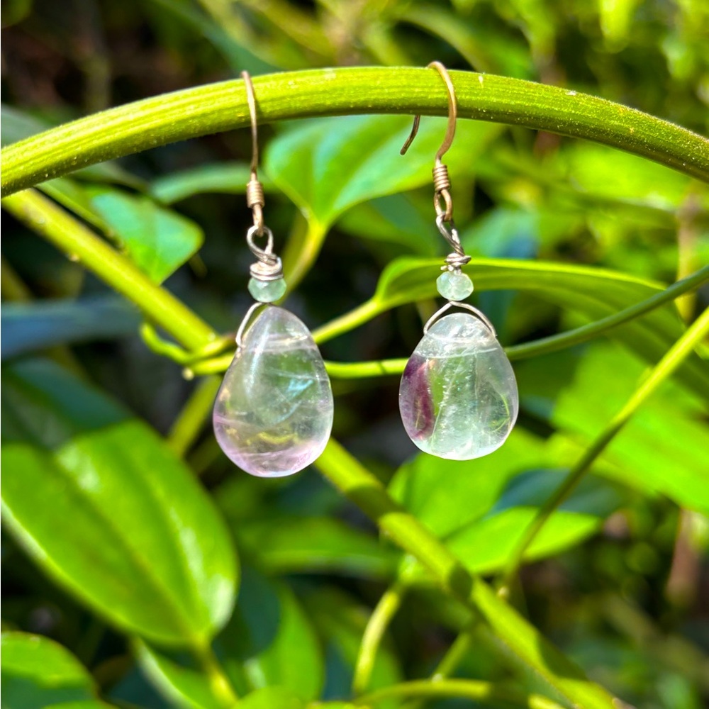 Handmade Vintage Genuine Fluorite Teardrop Stone Dangle Earrings